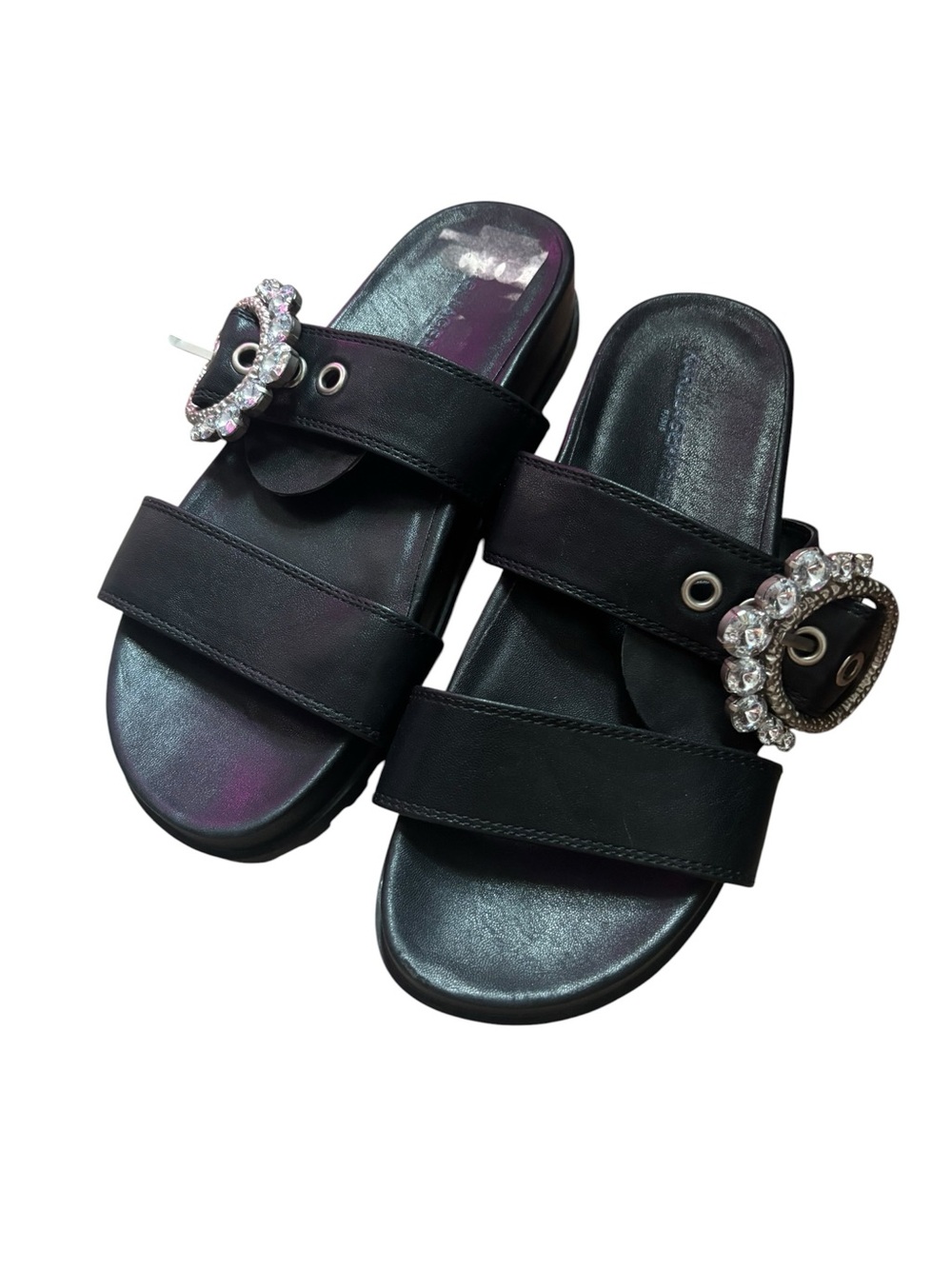 Karl Lagerfeld Black Crystal Buckle Double-Strap Slide Sandals